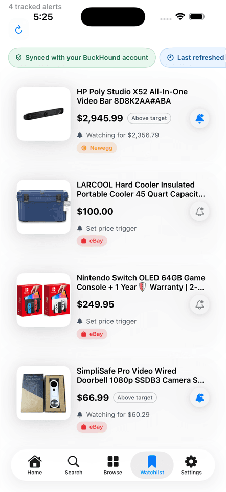 BuckHound iOS watchlist showing saved products, target prices, and retailer labels.