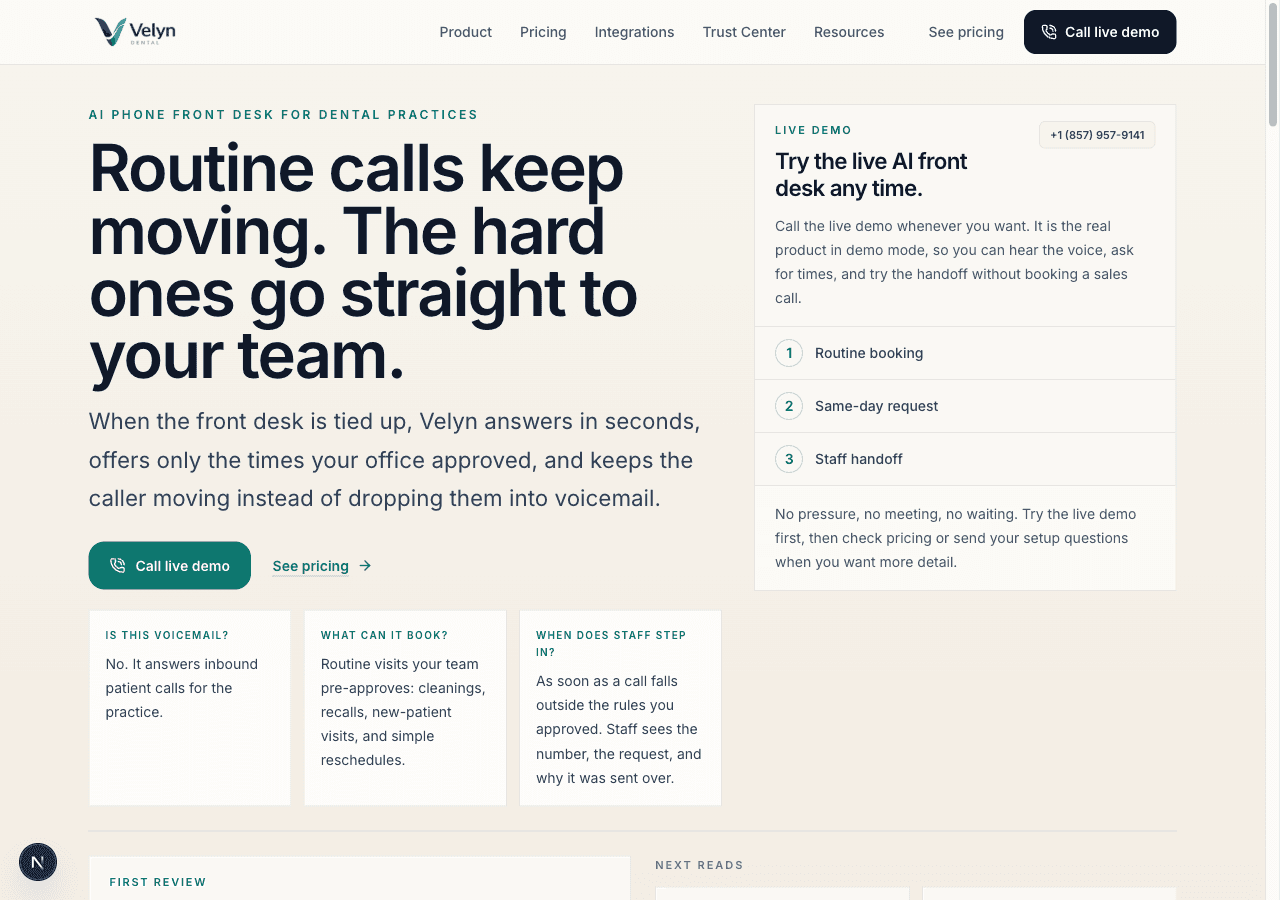 Velyn Dental product site showing the live demo call flow and practice setup context.