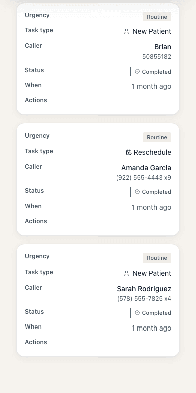 Velyn Dental portal task cards with caller, task type, status, and handoff details.